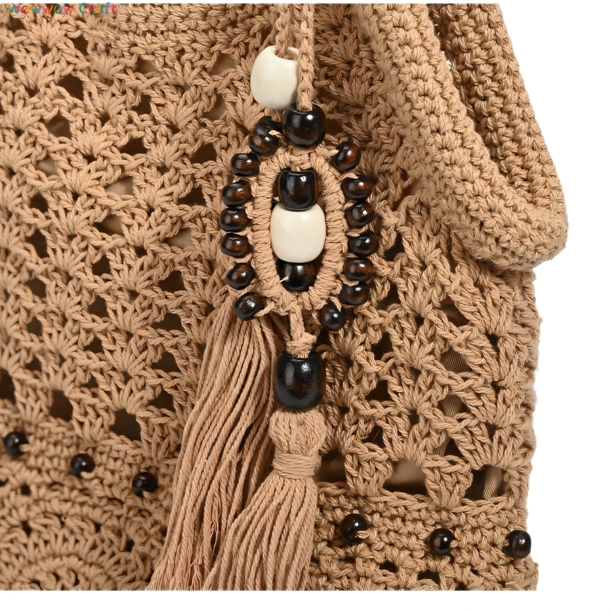 Shoulder Bags,Totes,Crochet Bags,Wooden Bead Tassel Crocheted Shoulder Bag - Handmade Crocheted Bag